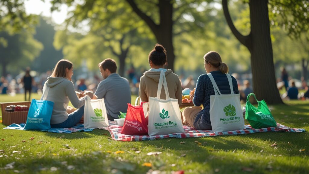 People using reusable bags during a picnic in a park.