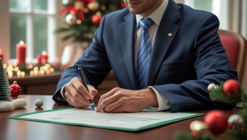 Official signing a bill to ban plastic bags in a legislative setting.