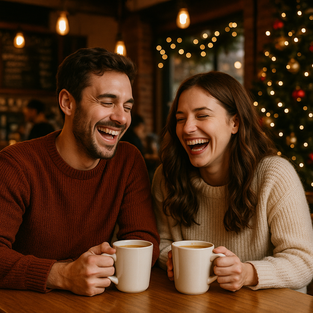 couple laughing together in a cozy coffee shop
