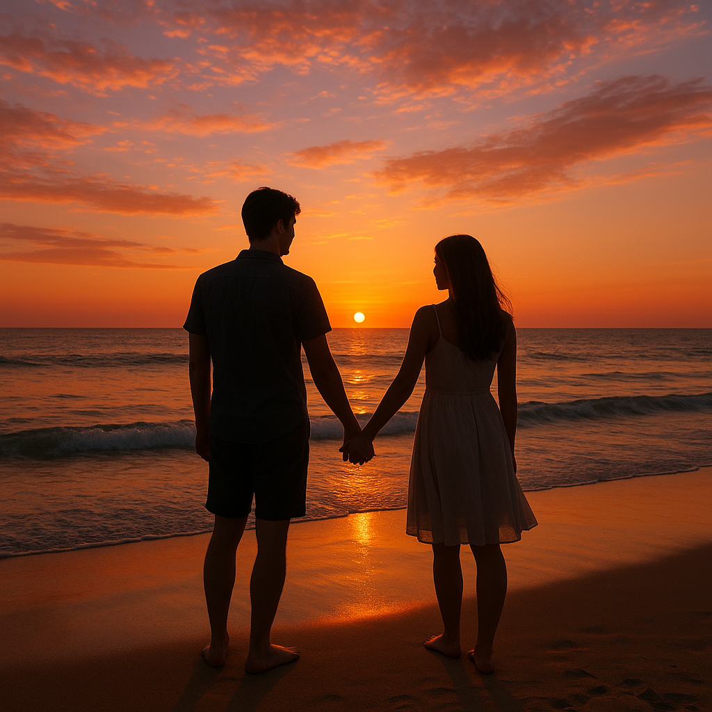 romantic sunset with couple holding hands at the beach