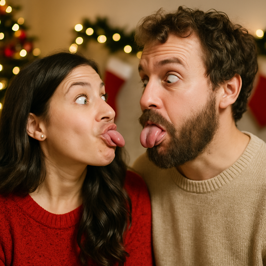 playful couple making silly faces together