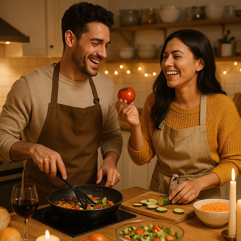 couple cooking dinner together in a warm kitchen