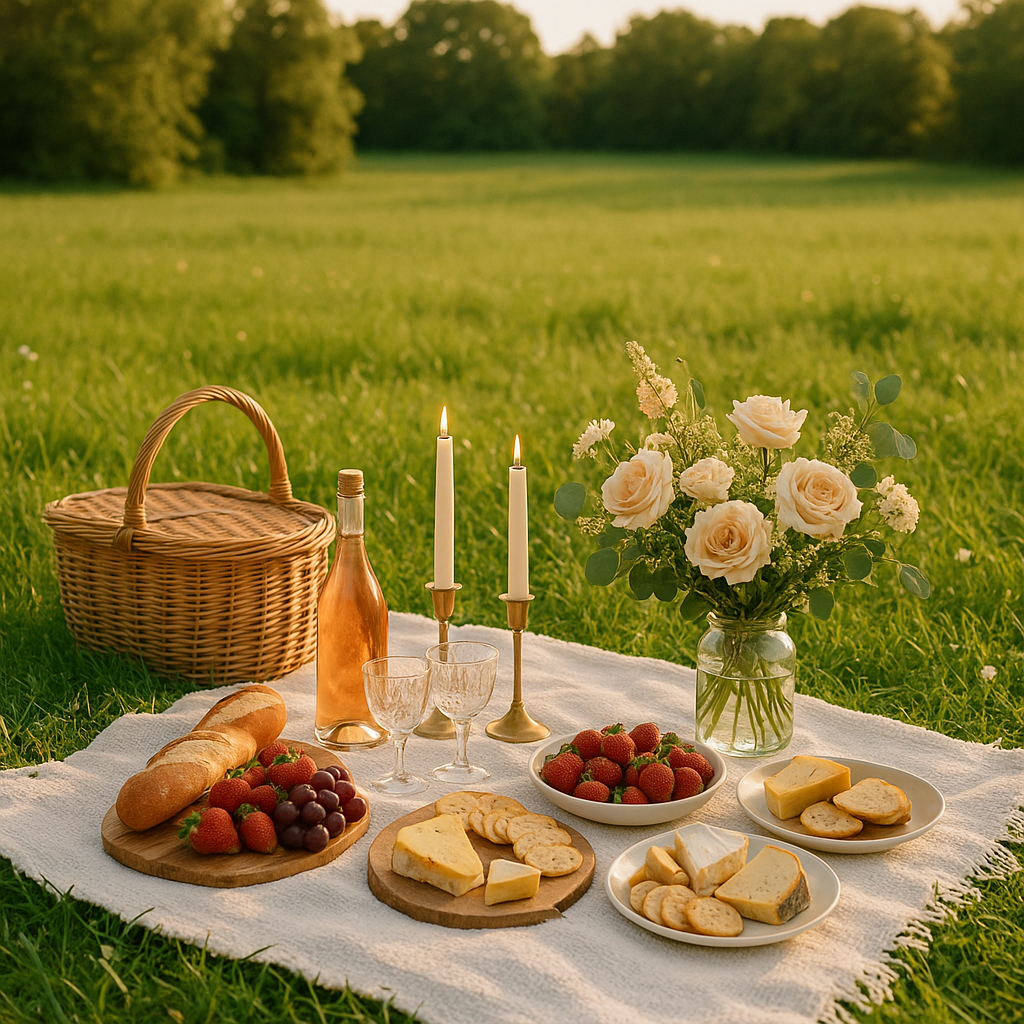 romantic picnic setup in a green field