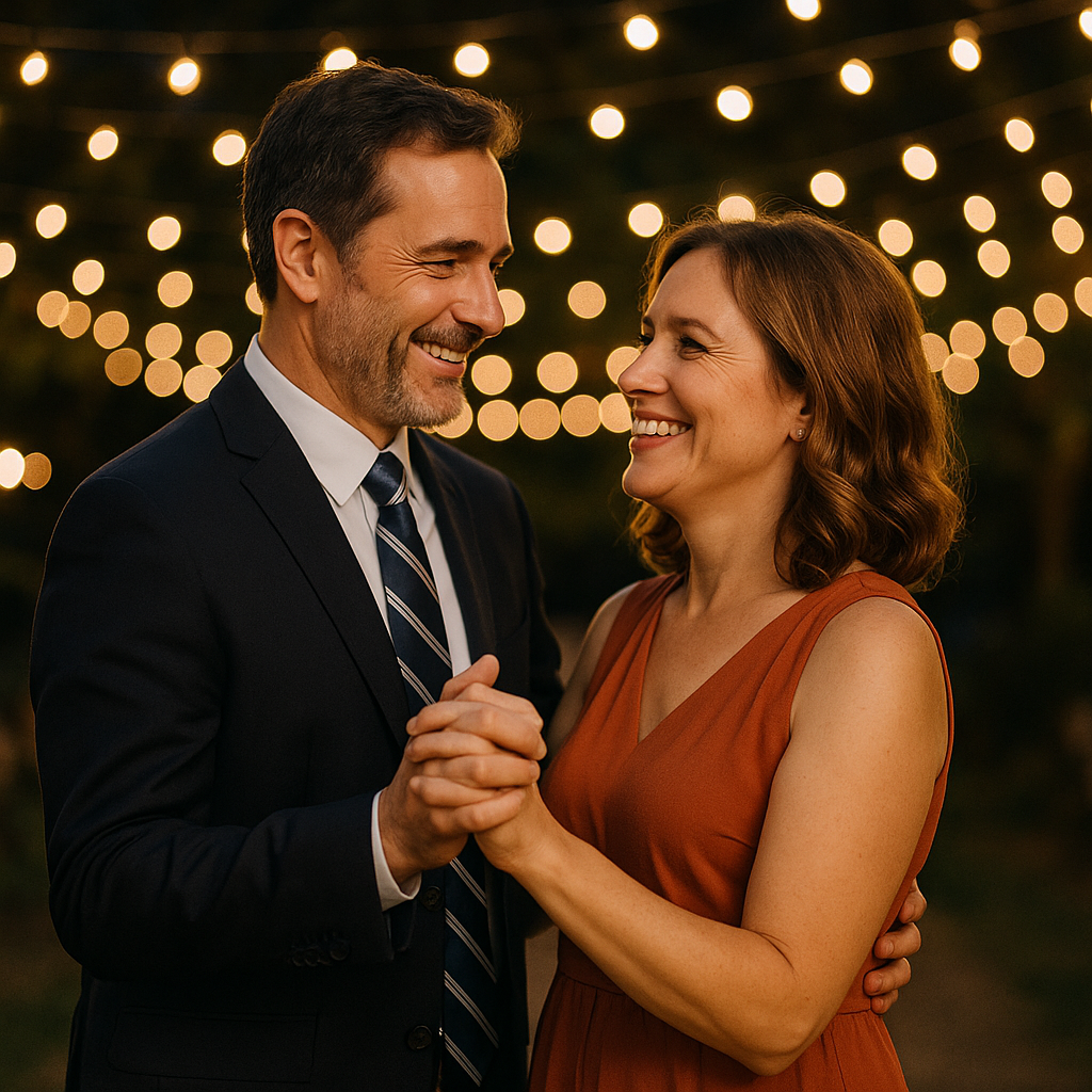 couple dancing under string lights at night