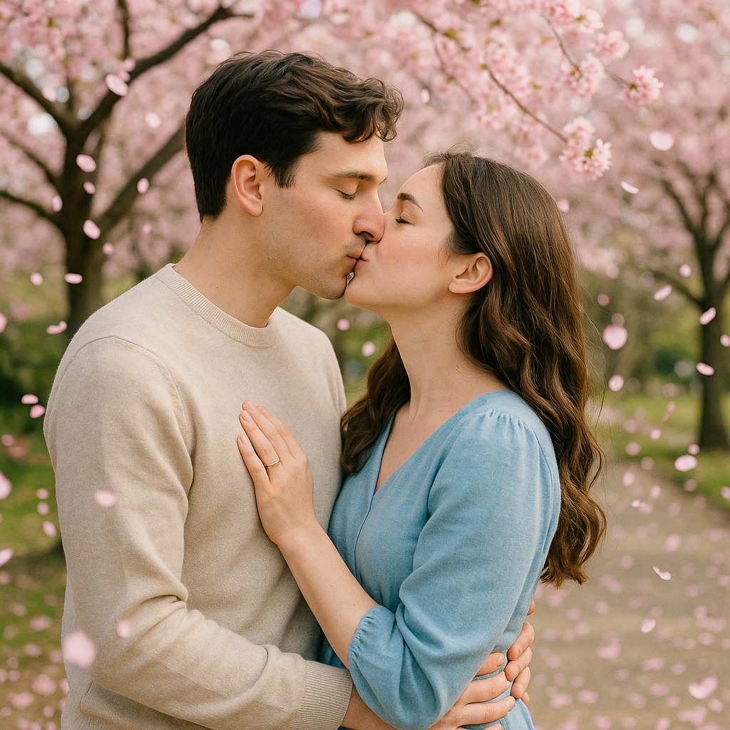 couple kissing under cherry blossoms