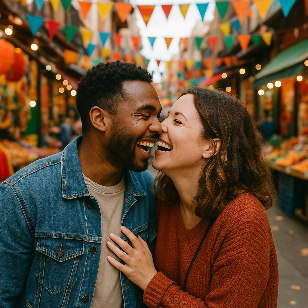 couple laughing while kissing in a market